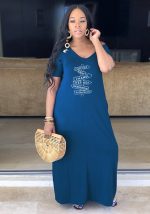 This Women Blue V-neck Short Sleeves Maxi Dresses design made of high quality polyster and spandex material