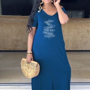 This Women Blue V-neck Short Sleeves Maxi Dresses design made of high quality polyster and spandex material