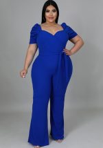 This Women Blue Sweetheart Neck Short Sleeves Regular Plus Size Jumpsuit design made of high quality polyster and spandex material. It is stretchy