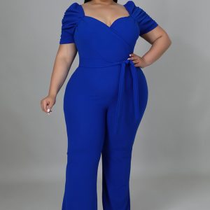 This Women Blue Sweetheart Neck Short Sleeves Regular Plus Size Jumpsuit design made of high quality polyster and spandex material. It is stretchy