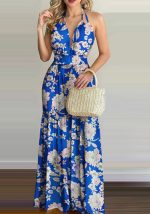 This Women Blue Halter Sleeveless Backless Maxi Dresses design made of high quality polyster and spandex material