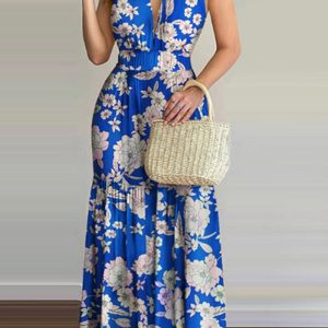 Questo donne blu Halter senza maniche Backless Maxi Dresses design realizzato in materiale di alta qualità polyster e spandex