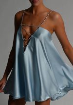 This Women Blue Metal Straps Sleeveless Satin Mini Club Dresses design made of high quality polyster and spandex material