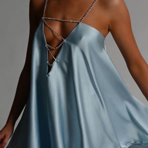 This Women Blue Metal Straps Sleeveless Satin Mini Club Dresses design made of high quality polyster and spandex material