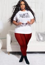 This Women Burgunry Casual O-Neck Short Sleeves High Waist Letter Print Regular Plus Size Two Piece design and made of comfortable and elastic fabric. wholesale plus size two piece sets is a must-have item for curvy ladies. Two piece sets can either be worn together or individually