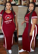 This Women Burgunry Casual O-Neck Short Sleeves Lip Print Slit Plus Size Dresses made of soft and elastic fabric. Global Lover wholesale plus size dresses and hope curvy ladies find here a warm and exciting place to shop affordable curvy dresses online - plus size casual