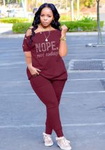 This Women Burgunry Casual Slash Neck Short Sleeves Letter Print Button Top Plus Size Two Piece design and made of comfortable and elastic fabric. wholesale plus size two piece sets is a must-have item for curvy ladies. Two piece sets can either be worn together or individually