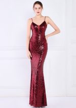 This Women Burgunry Strap Sleeveless Solid Sequined Mermaid Dresses