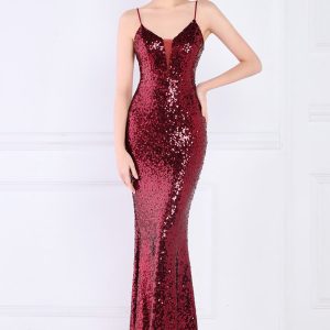 This Women Burgunry Strap Sleeveless Solid Sequined Mermaid Dresses