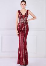 This Women Burgunry V-neck Sleeveless Patchwork Sequined Mermaid Evening Dresses design made of good quality polyster and spandex material