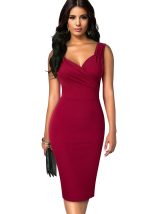 This Women Burgunry V-neck Sleeveless Pencil Office Dresses design made of high end polyster and spandex material