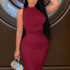 This Women Burgunry Turtleneck Sleeveless Pleated Sheath Midi Dresses design made of high quality polyster and spandex material. It come with good stretch and wearing comfortable. Women¡¯s midi dresses is omnipotent and suit for all kinds of occasions - daily wear