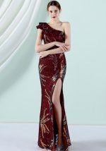 This Women Burgunry Slash Neck Sleeveless Sequined Wedding Dresses design made of high level material