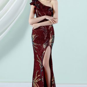 Questo donne Burgunry Slash Neck senza maniche Abiti da sposa con paillettes design fatto di materiale di alto livello