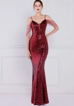 This Women Burgunry Strap Sleeveless Solid Sequined Mermaid Dresses