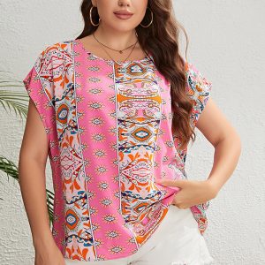 This Women Summer Ethnic Round Neck Loose Top Made Of Comfortable And Elastic Fabric. It Is Wholesale Sexy Plus Size Tops For Women. With The Gradual Rise Of Feminist Awareness