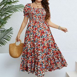 This Women Summer Floral Off Shoulder Dress Made Of Soft And Elastic Fabric. Global Lover Wholesale Plus Size Dresses And Hope Curvy Ladies Find Here a Warm And Exciting Place To Shop Affordable Curvy Dresses Online - Plus Size Casual