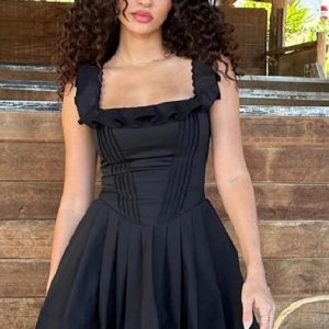 This Women Summer French Square Neck Ruffle Edge Herringbone Corset Dress Design Made Of High Quality Polyster And Spandex Material. It Is Stretchy