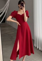 This Women Summer French Style Puff Sleeve Square Neck Slit Long Dress Design Made Of High Quality Polyster And Spandex Material