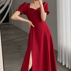 This Women Summer French Style Puff Sleeve Square Neck Slit Long Dress Design Made Of High Quality Polyster And Spandex Material