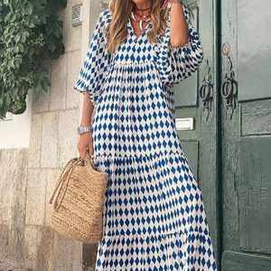 This Women Summer Geometric Patch Puff Sleeve Dress Design Made Of High Quality Polyster And Spandex Material