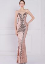 This Women Gold Strap Sleeveless Solid Sequined Mermaid Dresses