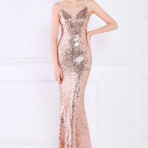 This Women Gold Strap Sleeveless Solid Sequined Mermaid Dresses