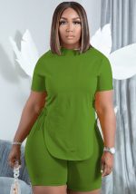 This Women Green Casual O-Neck Short Sleeves High Waist Solid Lace Up Regular Plus Size Two Piece design and made of comfortable and elastic fabric. wholesale plus size two piece sets is a must-have item for curvy ladies. Two piece sets can either be worn together or individually