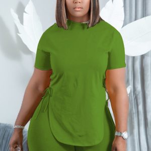 This Women Green Casual O-Neck Short Sleeves High Waist Solid Lace Up Regular Plus Size Two Piece design and made of comfortable and elastic fabric. wholesale plus size two piece sets is a must-have item for curvy ladies. Two piece sets can either be worn together or individually