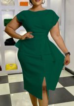 This Women Green O-Neck Short Sleeves Pleated Office Dresses design made of high end polyster and spandex material