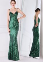 This Women Green Strap Sleeveless Solid Sequined Mermaid Dresses