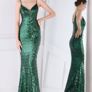 This Women Green Strap Sleeveless Solid Sequined Mermaid Dresses