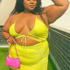 This Women Green Sexy Halter Sleeveless High Waist Solid Lace Up Skinny Plus Size Two Piece design and made of comfortable and elastic fabric. wholesale plus size two piece sets is a must-have item for curvy ladies. Two piece sets can either be worn together or individually