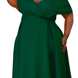 This Women Green Sweet Off-the-shoulder Short Sleeves Solid Belted Midi A-line Plus Size Dresses made of soft and elastic fabric. Global Lover wholesale plus size dresses and hope curvy ladies find here a warm and exciting place to shop affordable curvy dresses online - plus size casual