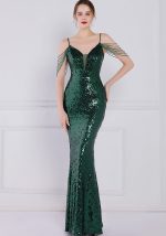 This Women Green Strap Sleeveless Solid Sequined Mermaid Dresses