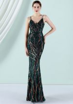 This Women Green Strap Sleeveless Striped Print Sequined Evening Dresses design made of good quality polyster and spandex material