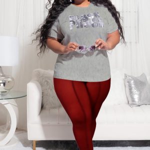 This Women Grey and Burgundy Casual O-Neck Short Sleeves High Waist Letter Print Regular Plus Size Two Piece design and made of comfortable and elastic fabric. wholesale plus size two piece sets is a must-have item for curvy ladies. Two piece sets can either be worn together or individually