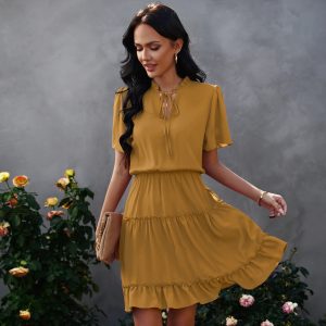 This Women Summer Lace Up Collar Loose Ruffle Dress Design Made Of High Quality Polyster And Spandex Material. It Is Stretchy