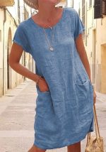 Questo donne estate tasca allentata manica corta a collo rotondo Linen Dress Design fatto di alta qualità Polyster e materiale Spandex. È elastico