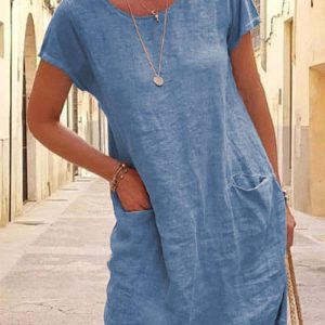 Questo donne estate tasca allentata manica corta a collo rotondo Linen Dress Design fatto di alta qualità Polyster e materiale Spandex. È elastico