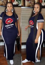 This Women Navy Blue Casual O-Neck Short Sleeves Lip Print Slit Plus Size Dresses made of soft and elastic fabric. Global Lover wholesale plus size dresses and hope curvy ladies find here a warm and exciting place to shop affordable curvy dresses online - plus size casual