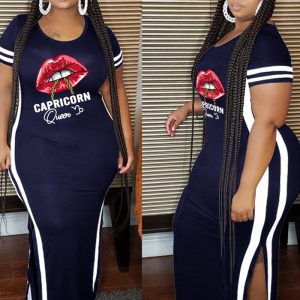 This Women Navy Blue Casual O-Neck Short Sleeves Lip Print Slit Plus Size Dresses made of soft and elastic fabric. Global Lover wholesale plus size dresses and hope curvy ladies find here a warm and exciting place to shop affordable curvy dresses online - plus size casual