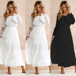 This Women Summer Off Shoulder Long Sleeve Lace Patchwork Long Dress Design Made Of High Quality Polyster And Spandex Material