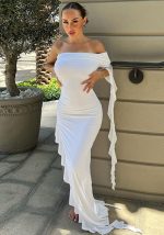 This Women Summer Off Shoulder Pleated Solid Dress Design Made Of High Quality Polyster And Spandex Material. It Is Stretchy