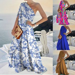 This Women Summer One Shoulder Long Dress Design Made Of High Quality Polyster And Spandex Material