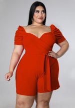 This Women Orange Square Collar Short Sleeves Regular Plus Size Jumpsuit design made of high quality polyster and spandex material. It is stretchy