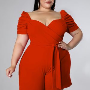 This Women Orange Square Collar Short Sleeves Regular Plus Size Jumpsuit design made of high quality polyster and spandex material. It is stretchy