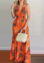 This Women Orange Halter Sleeveless Backless Maxi Dresses design made of high quality polyster and spandex material