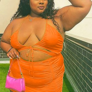 This Women Orange Sexy Halter Sleeveless High Waist Solid Lace Up Regular Plus Size Two Piece design and made of comfortable and elastic fabric. wholesale plus size two piece sets is a must-have item for curvy ladies. Two piece sets can either be worn together or individually