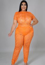 This Women Orange Sexy Turtleneck Short Sleeves High Waist Solid Lace Hollow Out Skinny Plus Size Two Piece design and made of comfortable and elastic fabric. wholesale plus size two piece sets is a must-have item for curvy ladies. Two piece sets can either be worn together or individually